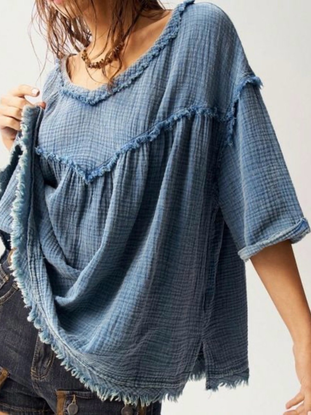 Blue Velvet Washed Blue Gauze Fringe Tunic Top - Women's Relaxed V-Neck